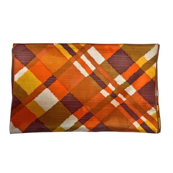1970s Theresa Ahrens NY Orange Tan Yellow Brown Acetate Oblong Plaid Scarf Wrap - Picture 3 of 7